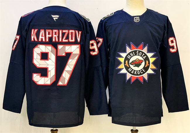 Men's Navy Minnesota Wild #97 Kirill Kaprizov 2024-25 Stitched Hockey Jersey